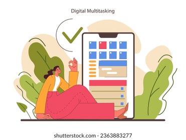 Digital multitasking. Effective and competent office worker time and task management. Business productivity optimization, scheduling and progress tracking. Flat vector illustration