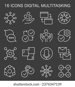 Digitale Multitasking-Symbole. Effektivität und Kompetenz, Medienkonsummanagement. Optimierung der Unternehmensproduktivität, Planung und Verfolgung von Fortschritten. Flache Vektorgrafik