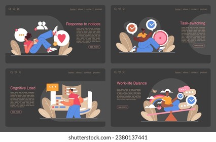 Digital multitasking web banner or landing page dark or night mode set. Effective and competent office worker media consumption management. Productivity optimization. Flat vector illustration