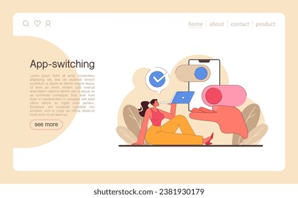 Digital multitasking web banner or landing page. Effective and competent office worker media consumption management. Business productivity optimization. Flat vector illustration