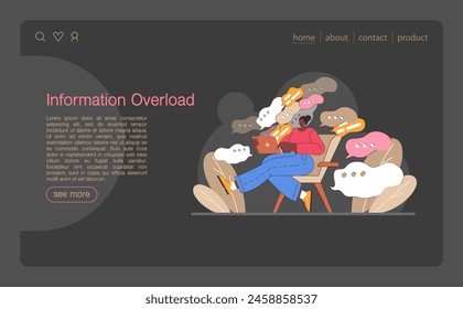 Digital multitasking web banner or landing page dark or night mode. Effective and competent office worker media consumption management. Business productivity optimization. Flat vector illustration