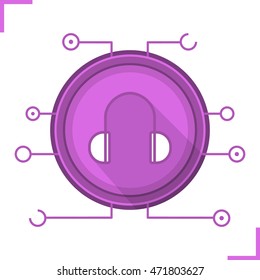 Digital music concept flat design long shadow icon. Headphones in microchip pathways symbol. Vector silhouette symbol