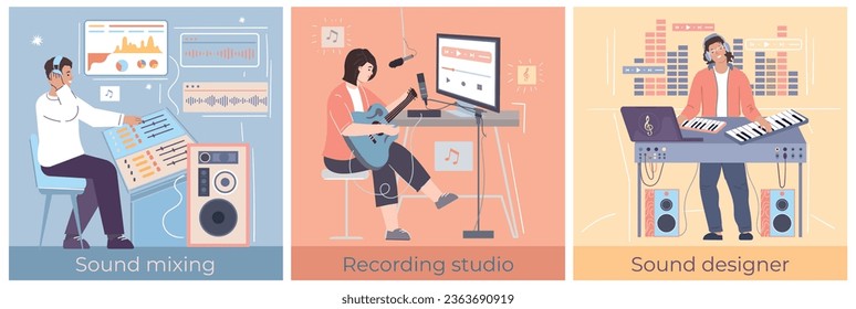 Digital music creation concept set with sound designers and musicians recording songs using mixing equipment isolated vector illustration svg