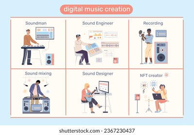 Digital music creation flat infographic with sound engineer designer musician working in recording studio vector illustration