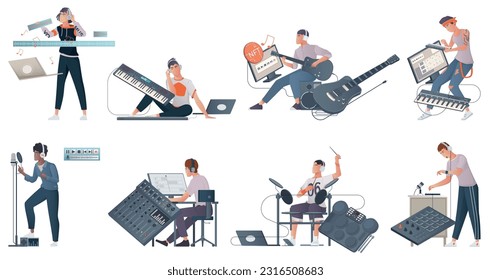 Digital music creation flat set of musicians recording music with professional equipment isolated vector illustration