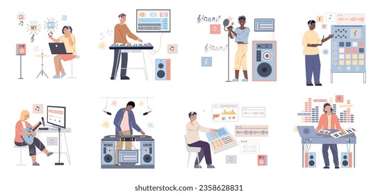 Digital music creation flat set of musicians creating and recording music using modern electronic equipment isolated vector illustration