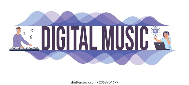 Digital music creation flat text banner with musicians making tunes on keyboard and computer vector illustration