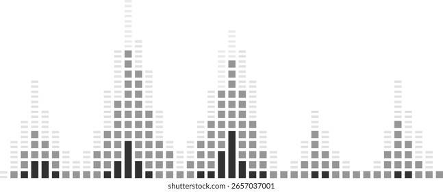 Equalizador de música digital criando uma forma de onda gráfica impressionante com pequenos quadrados cinza e preto em um fundo branco limpo, incorporando tecnologia e design de áudio modernos