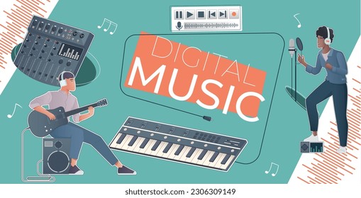 Digital music flat collage with singer and musician characters sound waves and professional equipment vector illustration