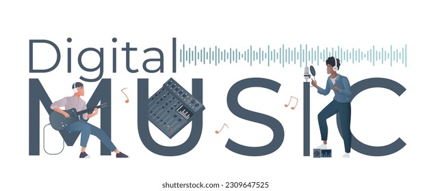 Digital music flat header concept with voice graph signal big letters and small man characters with guitar and microphone vector illustration