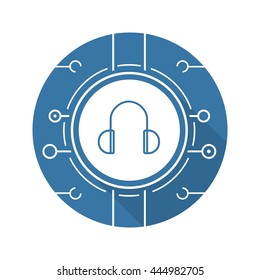 Digital music icon. Drop shadow silhouette pictogram. Online music listen symbol. Headphones with microchip pathways. Vector isolated illustration