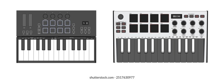 Digital music instrument. Realistic synthesizer, midi controller. Two octaves of keys, pads and buttons.