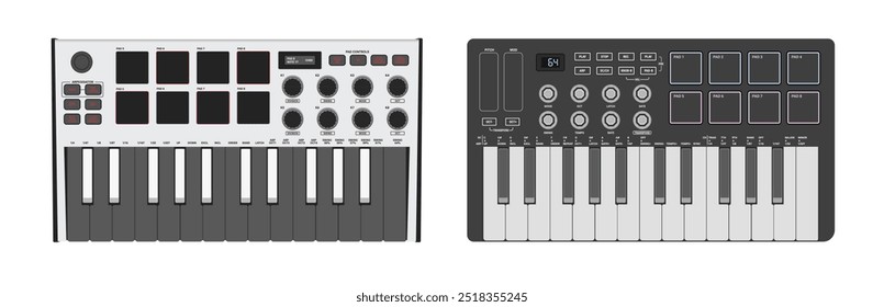 Digital music instrument. Realistic synthesizer, midi controller. Two octaves of keys, pads and buttons.