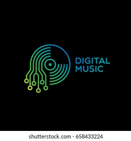 Digital music logo template design with a vinyl record. Vector illustration.