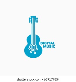 Digital music logo template design with a guitar. Vector illustration.