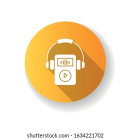 Digital music player flat design long shadow glyph icon. Portable MP3 player with headphones. Audio files storage gadget. Small mobile device for playing music. . Silhouette RGB color illustration