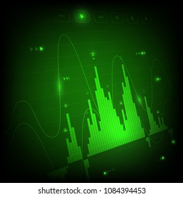 Digital music player screen monitor, user interface. Neon glowing visualization equalizer bars and sound frequency waves, audio vibrations, tune bar, recorder symbol, voice data. Vector illustration