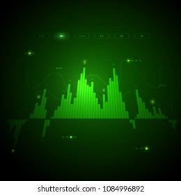 Digital music player screen monitor. Neon glowing visualization equalizer bars and sound frequency waves, audio vibrations, tune bar, recorder symbol, voice data. Vector illustration for technology. 