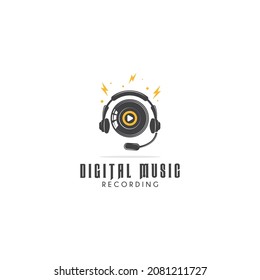 digital music record logo design disc cassette and headphone logo with play button for music recording logo design vector template