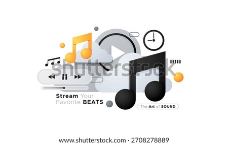 Digital music streaming service vector illustration. Features audio player controls, musical notes, time clock, and play button in a modern, abstract style. Ideal for podcasts, playlists, Music Notes