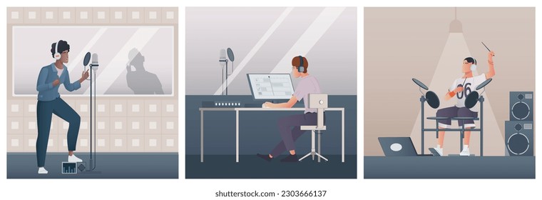 Música digital tres ilustraciones cuadradas con jóvenes grabando música en el lugar de trabajo con ilustración vectorial plana de computadora