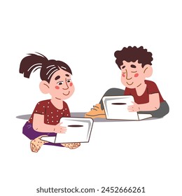 Digital native generation of children using digital technology for study, leisure and play, flat vector illustration isolated on white background. Children are digital natives with gadgets and digital