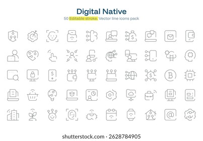 Pacote de ícone de linha Digital Nativo. Conjunto de ícones Traço nativo digital. Ícone Traçado editável