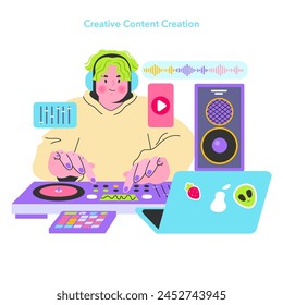 Digital Natives Concept. A vivid illustration of a content creator with DJ equipment, interacting with digital media. Music production and online sharing. Vector illustration.