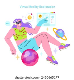 Digital Natives concept. Young character experiencing virtual reality worlds, interacting with a futuristic interface. Vector illustration.