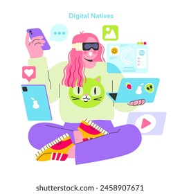 Digital Natives concept. Youth immersed in technology with multiple devices and virtual reality. Tech-savvy generation connectivity. Vector illustration.