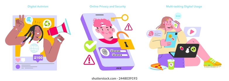 Digital Natives set. Engaging in online activism, maintaining privacy and security, and juggling multiple digital tasks. Vector illustration.