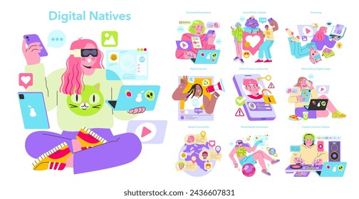 Digital Natives set. A vibrant depiction of tech-savvy youth engaging in various modern digital activities. Showcasing social connectivity, online learning, and creative digital expression.