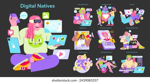 Digital Natives set. A vibrant depiction of tech-savvy youth engaging in various modern digital activities. Showcasing social connectivity, online learning, and creative digital expression.