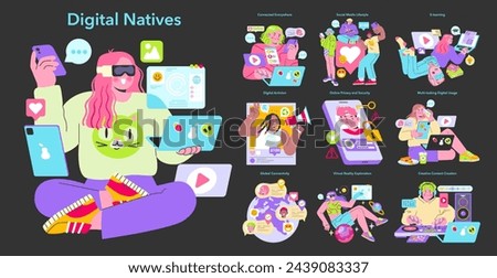 Digital Natives set. A vibrant depiction of tech-savvy youth engaging in various modern digital activities. Showcasing social connectivity, online learning, and creative digital expression.
