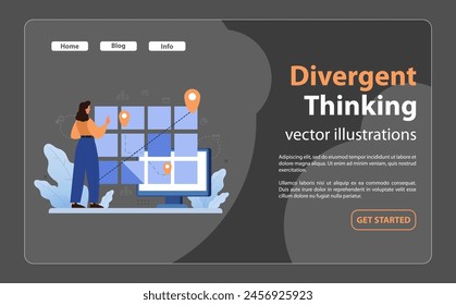 Digital navigation concept. Woman interacts with virtual map on computer, pinpointing locations. Route planning, destination selection, and journey visualization. Flat vector illustration