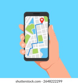 Navegação Digital Uma Mão Segurando um Smartphone Exibindo um Mapa de GPS com uma Rota e Descoberta Eficiente