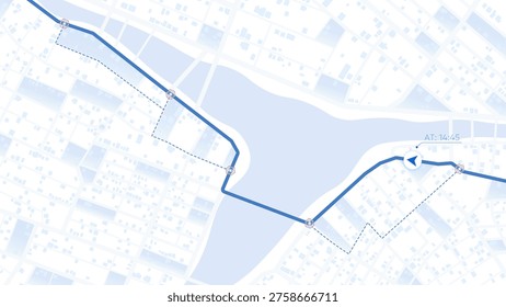 Digital navigation map interface showing a blue driving route and direction arrow. Vector illustration.