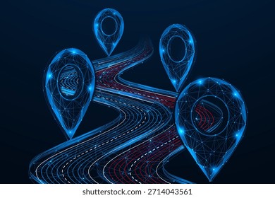 Red de navegación digital. Una carretera con marcadores de geolocalización a lo largo de su recorrido. El concepto de navegación autónoma y logística inteligente. Diseño de líneas y puntos de baja poli, fondo azul.