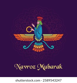 A digital Navroz graphic featuring a Zoroastrian priest the Faravahar and a mandala design set against a rich dark purple background with elegant gold text