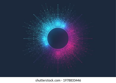 Digital neon color circle with connecting dots and lines in abstract style. Futuristic digital neon frame. Polygonal neon round shape, vector illustration.