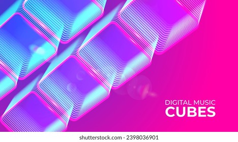 Digital neon glowing cyber cubes. Musical, gaming, technology, background with glowing 3d objects.