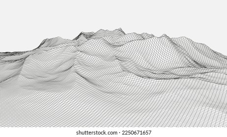 Digital neon grid landscape background. Futuristic retro style mountains wallpaper. Big data visualization. For websites and banners design. Vector illustration.