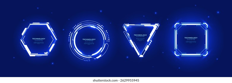 Quadros de HUD de néon digital em formas geométricas futuristas. Portais brilhantes com texto. Elementos de design UX do jogo. Tecnologia futurista conjunto cyberpunk. Quadro hexágono, HUD circular, quadrado e triângulo