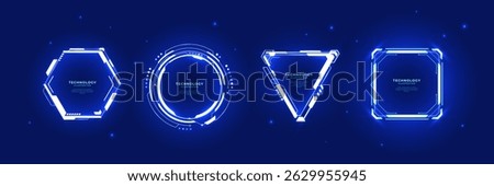 Digital neon HUD frames in futuristic geometric forms. Bright lightning portals with text. Game UX design elements. Futuristic technology cyberpunk set. Hexagon frame, circle HUD, square, and triangle