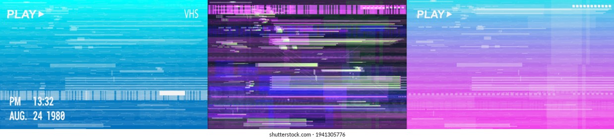 Digital Neon TV screens set with noise. Retrofuturism glitch VHS style. Vector illustrations with deep effect of interference, background, noise, glitch, vhs, no signal TV screen. Vector VHS set