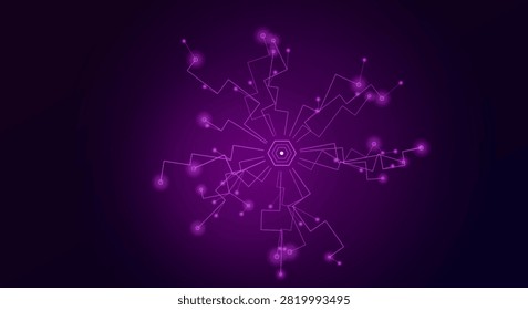 Digital network backdrop featuring glowing nodes and connected lines, abstract technology concept design in purple color scheme.