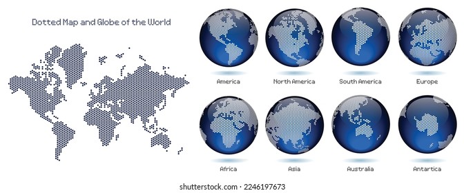 Digital Network - Blue Dotted Map and Globe of the World - Continents - America Europe Asia Africa Australia - Vector eps design illustration