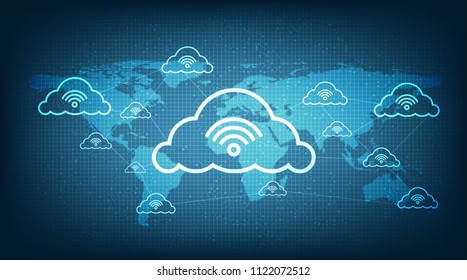 Digital Network Connecting With Clouds on Global Technology background,Cloud Computing concept.