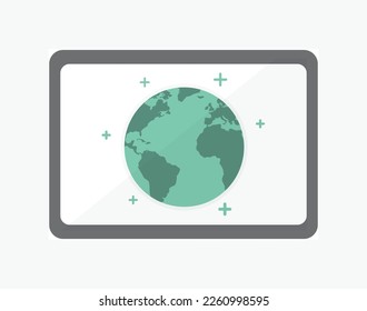 digital network connection illustration: internet of things, seo, online education platform, tablet pc side view, world map background
