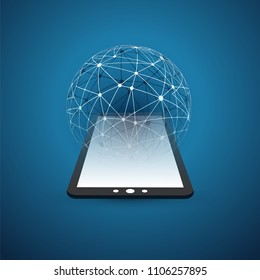 Digital Network Connections, Mobile Technology Background - Cloud Computing Design Concept with Transparent Geometric Wireframe 